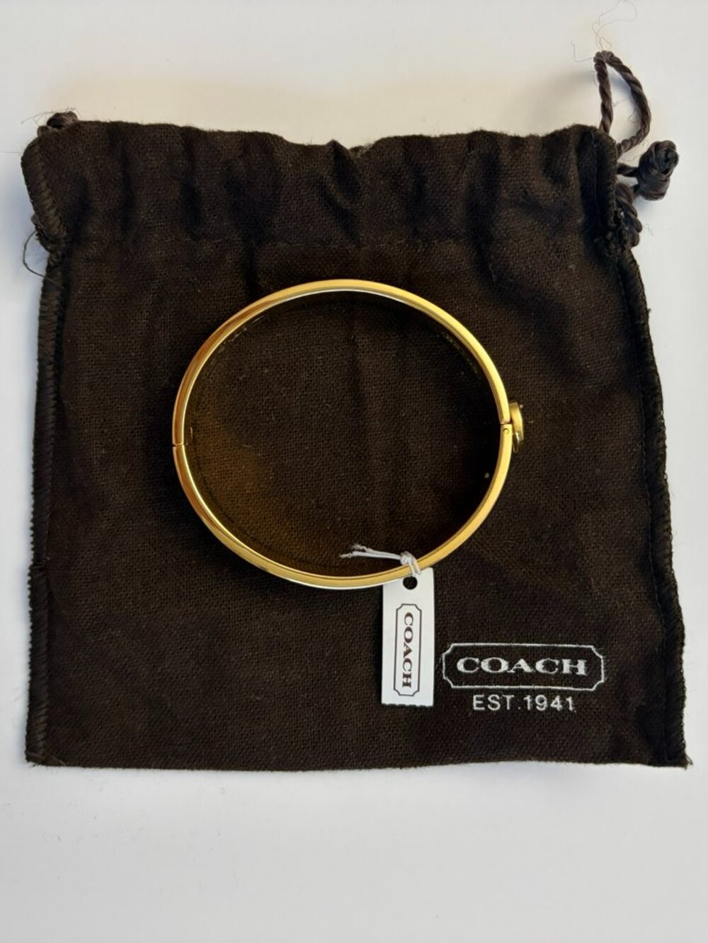 NWT Coach Gold Signature C 1" Wide Hinged Bangle Bracelet Dust Bag - Picture 4 of 5